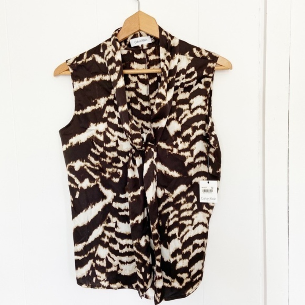 Calvin Klein brown cream animal print silky tie front tank top NWT small